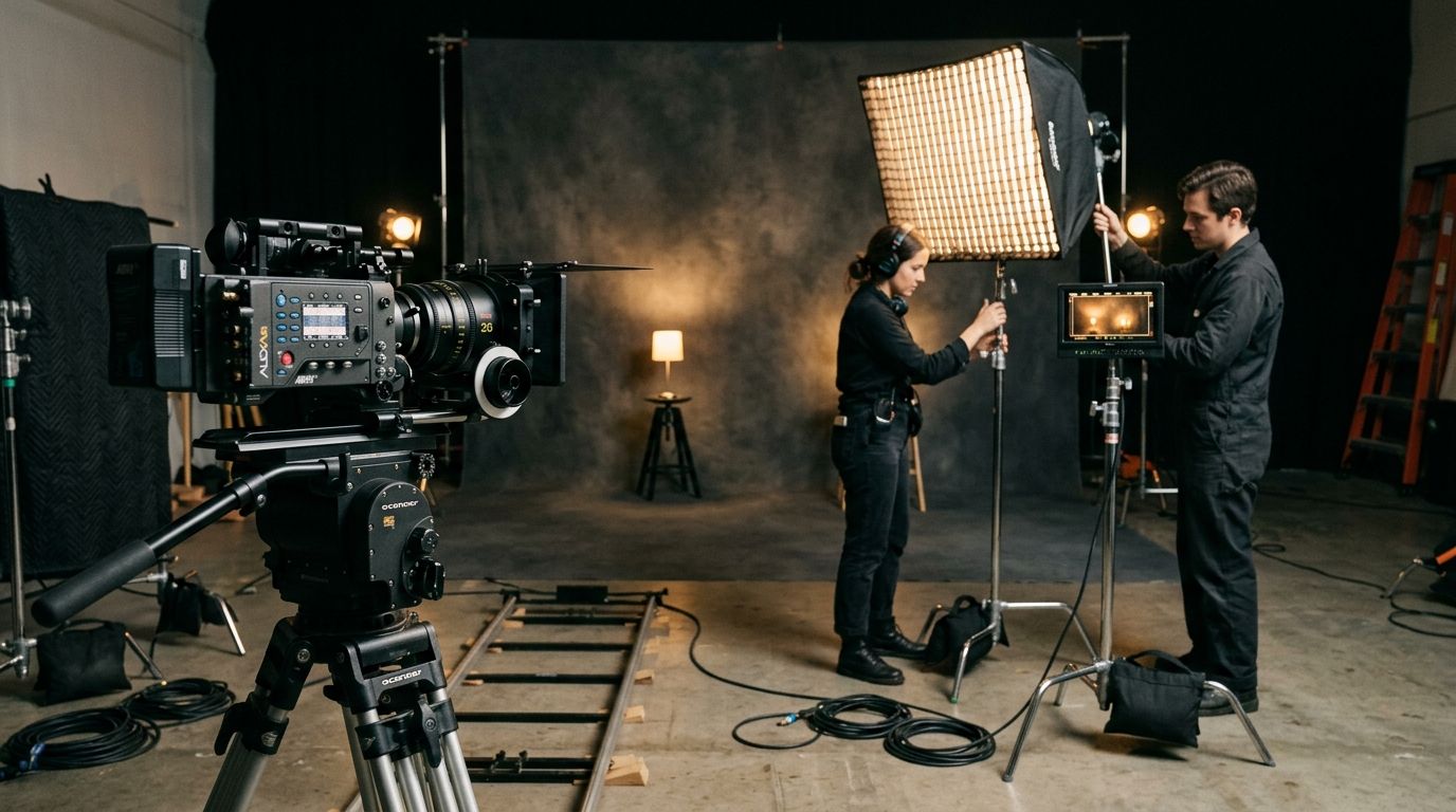 A production crew setting up a cinema camera and lighting on set